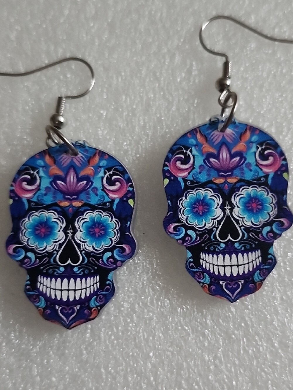 Hand Crafted Blue & Purple Floral Sugar Skull Earrings